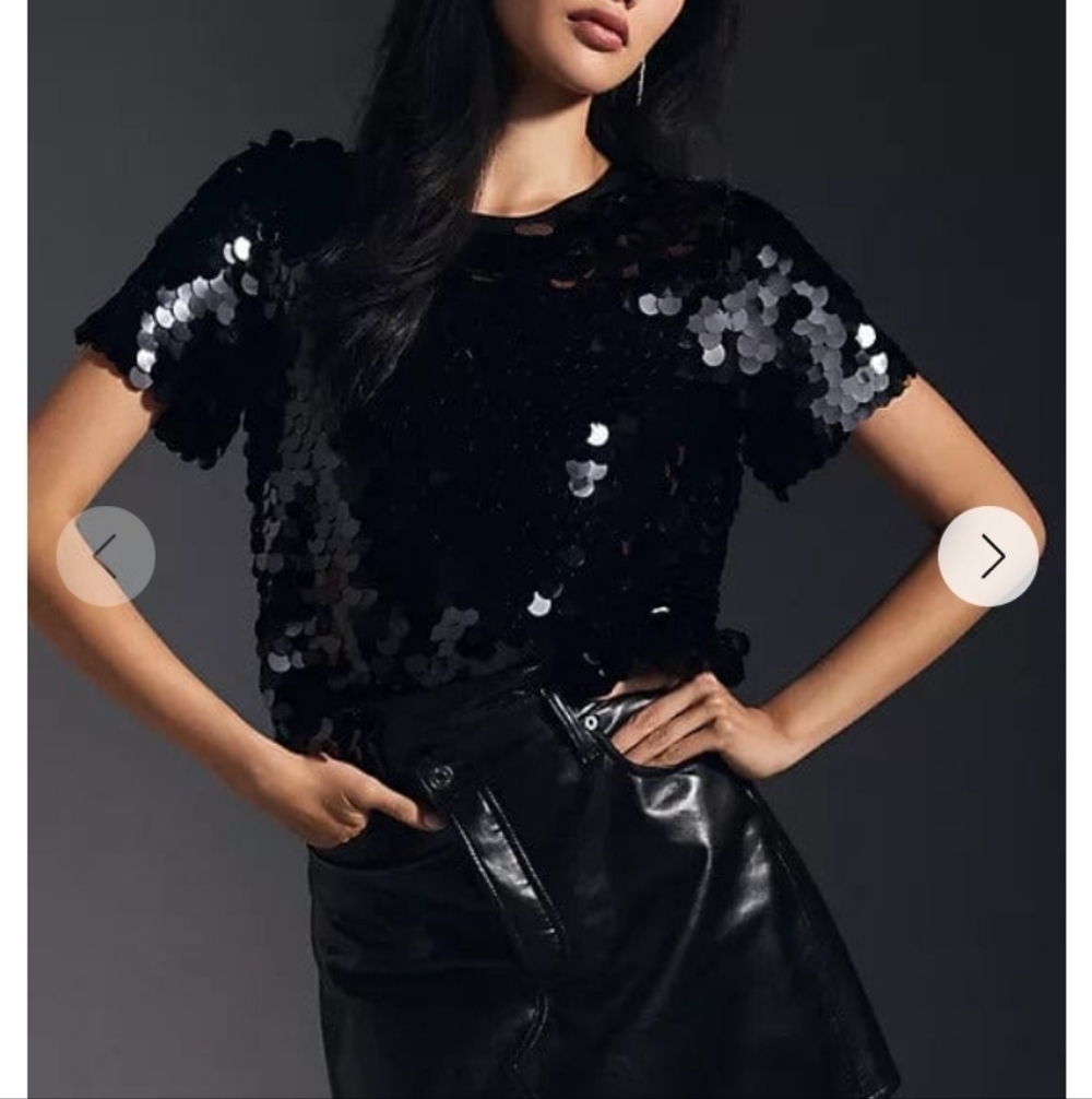 Eva Franco Women's Black Sequin Short Sleeve Top SZ Medium